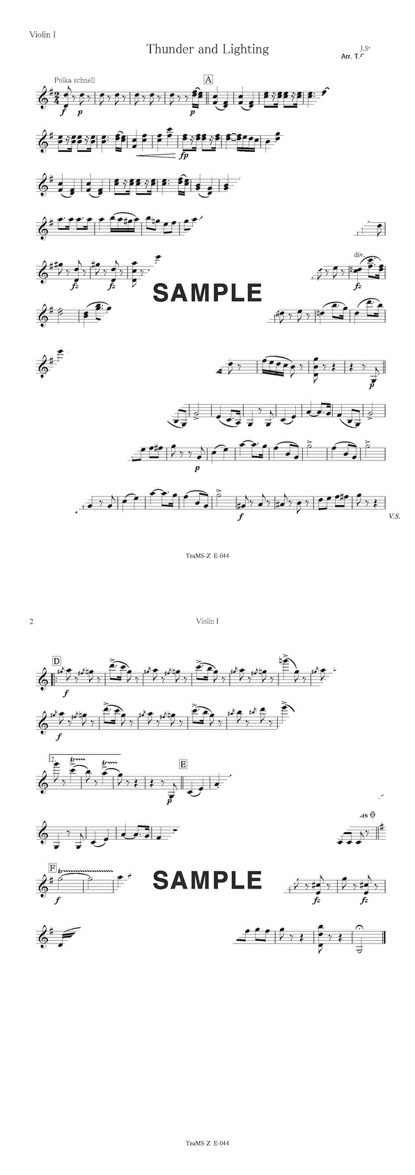 楽譜】雷鳴と稲妻（Violin 1） / ヨハン・シュトラウス2世（パート譜 