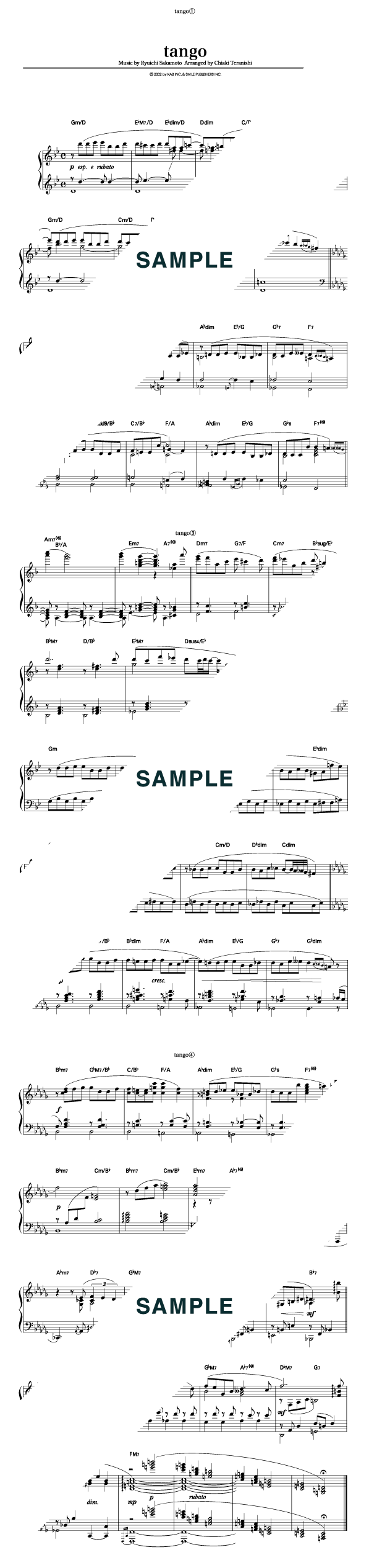 楽譜】tango / 坂本 龍一（ピアノ・ソロ譜/上級）提供:KMP | 楽譜＠ELISE